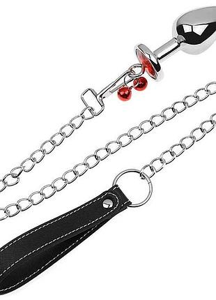 Красная металлическая анальная пробка с поводком - 3,4*8,2 см – анальные игрушки