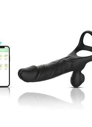 Смарт эрекционное кольцо с вибрацией и фаллоимитатором для двойного проникновения love spouse