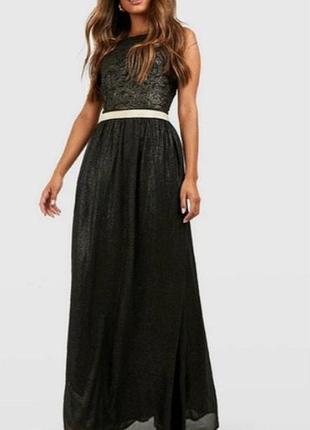 Новое шикарное черное вечернее платье макси с кружевным лифом и шифоновой юбкой от boohoo, 8/36/s/44