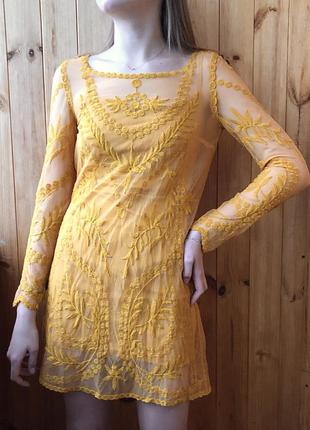 Платье кружевное горчичное жёлтое короткое новое h&m xs-s4 фото