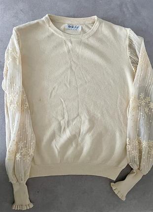 Кофтинка вкорочена в рубчик з ажурним рукавом