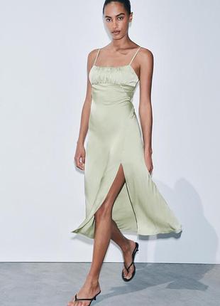 Атласна сукня-комбінація zara мʼятно-хакі розмір хс, с, м, л