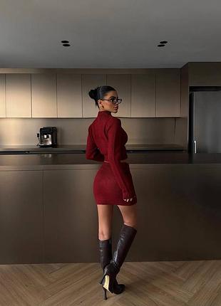 Жіночий бордовий теплий комплект двійка з ангори кофтинка і спідниця міні