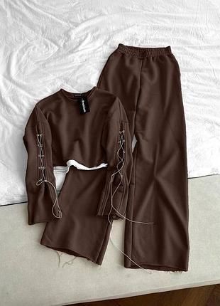 Жіночий шоколадний костюм двійка базовий 42-48 кофтина і брюки палаццо