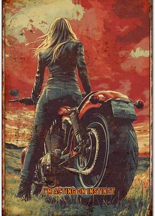 Металлическая винтажная табличка девушка на мотоцикле ретро 14х20 см