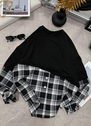 Жіночий світшот асиметричний: верх - чорний, низ - клітинка (6 варіантів)