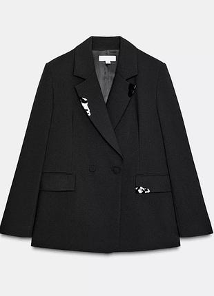 Ексклюзив! двобортний чорний піджак/блейзер/жакет оверсайз з контрастними аплікаціями від zara.