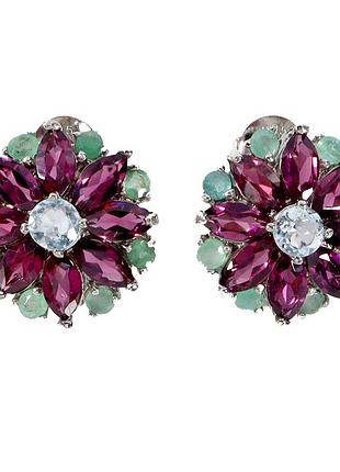 Сережки срібло 925 натуральний гранат аквмарин смарагд