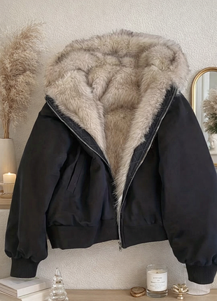Куртка бомбер чорна/сіра/бордо вільного крою на еко хутрі з каптуром 🖤🍁 бомбер утеплений хутром ог 120см л, 116см м