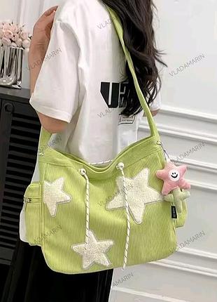 Сумка молодіжна через плече для навчання,вельветова сумка з білими зірочками,колір салатовий