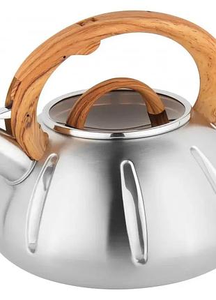 Уценка! чайник для плиты из нержавеющей стали со свистком unique un-5303 на 3л для всех типов плит деревянный (нет крышки 3170)
