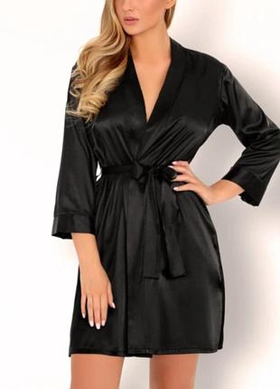 Черный женский атласный сатиновый халат кимоно, с поясом, длинный рукав