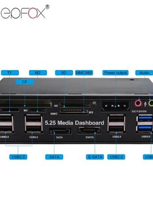 Deepfox multifuntion 5.25" media dashboard card reader usb 2.0 usb 3.0 20 pin e-sata sata front panel for optical drives bay