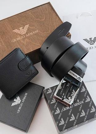 Мужской подарочный набор ремень и кошелек в деревянной коробке armani (303)
