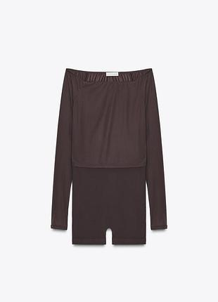 Короткий коричневый комбинезон zara с круглым вырезом и тонкими бретелями. р. м/l (38/40)