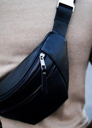 Чоловіча сумка-бананка на пояс з натуральної зернистої шкіри skill (чорна)