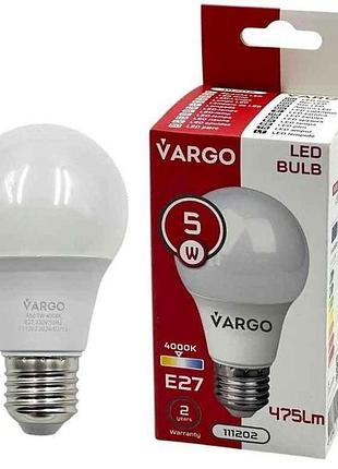 Лампа светодиодная 5w e27 4000k a60 220v 50hz v-111202 тм vargo