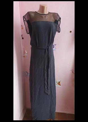 Шелковое платье графит с декором, с ремнем