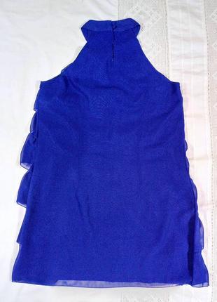 Короткое синее платье с оборками рюшами без рукавов7 фото