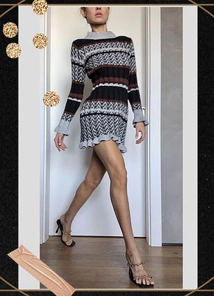 Вʼязана міні сукня светр горло волан рюші плаття довгий рукав коротка суконка по фігурі сіра тренд база oldmoney other