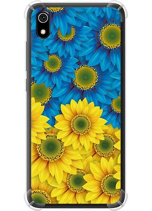 Чехол силикон с усиленными углами патриотический на телефон xiaomi redmi 7a жёлто-голубые цветы