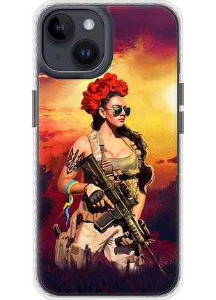 Чехол bumper патриотический на телефон iphone 14 украинка с оружием "5316pc-2648-58250"