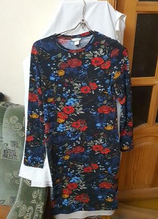 Платье натуральное коттоновое черное в цветы с длинным рукавом м, платье- футляр