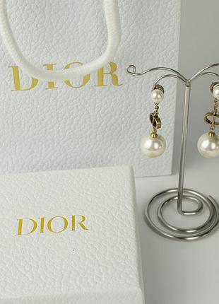 Диор серьги длинные с жемчугом / диор серьги две жемчужины / подарочная упаковка