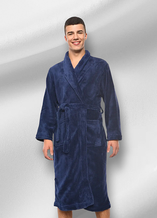 Халат для мужчин dalfilo srl махровый полированный коттон без капюшона темно синего цвета, s-m