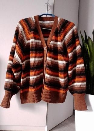 Светр у смужку коричневий, трикотажний в'язаний кардиган
