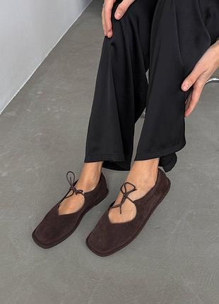 Коричневі шоколадні натуральні замшеві балетки на зав’язках з зав’язками квадратним анатомічним носом носиком замша шоколад