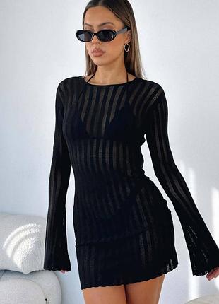 Пляжна туніка сукня жіноча з відкритою спиною та довгим рукавом чорна s m