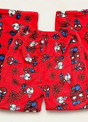 Штаны пижамные плюшевые теплые красного цвета spiderman x hello kitty домашние брюки спайдермен человек паук хеллоу котти