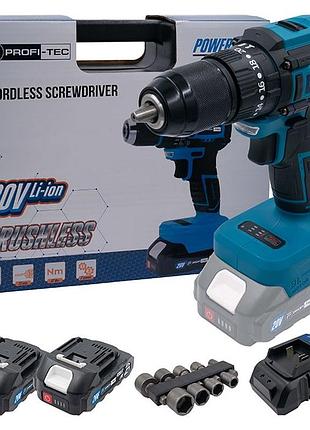 Мощный аккумуляторный шуруповерт profi-tec pcd5220bl powerline: с акб 2шт-20v 2.0 ah, 52 нм, набор головок_light343