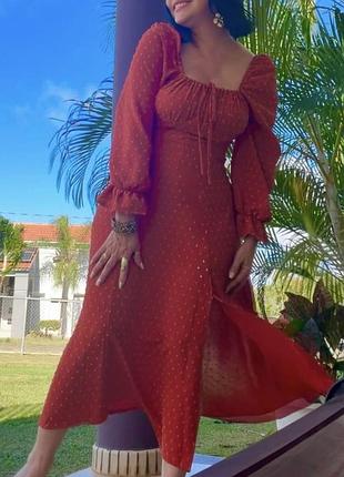 Помаранчева довга сукня з розрізом в горошок з завʼязками shein