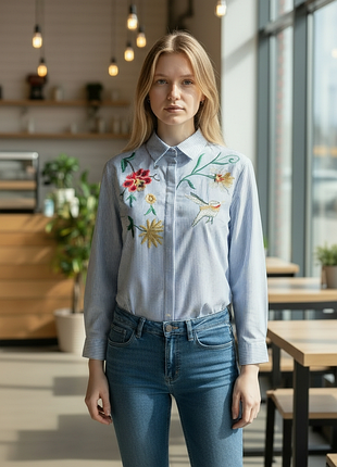 Рубашка в мелкую полоску с вышивкой рукав 3/4