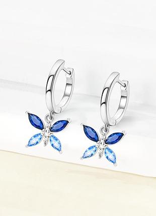 Серьги женские кольца серебряные синие бабочки новые