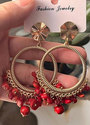 Красивые серьги в индийском стиле с кораллом сережки коралл