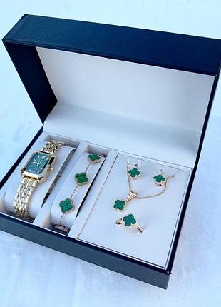 Подарунковий набір прикрас у кробці gonchar&co. green "клевер" сережки, підвіска, кільце, браслет, годинник, медзолото 77-702 17,