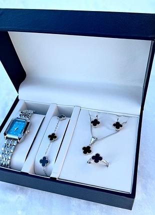 Подарунковий набір прикрас у кробці gonchar&co. silver "клевер" сережки, підвіска, кільце, браслет, годинник, медсплав 77-705 21,