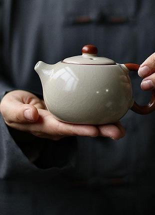 Керамический чайник с глазурью «ледовые трещины» - бежевый чайник для чайной церемонии 200 мл