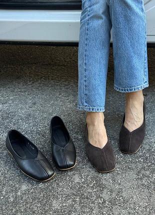 Легенькі туфлі балетки з натуральної шкіри та замші в трендових кольорах🖤🤎