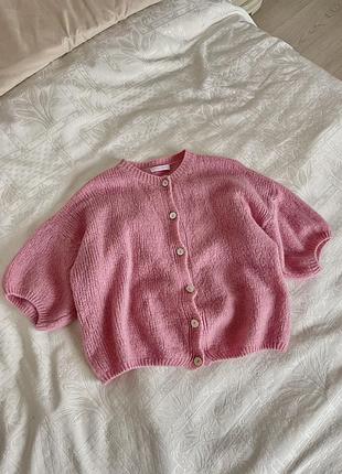 Рожевий в’язаний кардиган на короткий рукав з шерстю і мохером у розмірі s-m