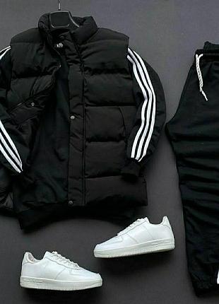 Чоловічий спортивний костюм трійка з жилеткою  чорний сірий