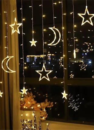Новогодняя гирлянда 3.5м*0.80м светодиодная штора луна и звёзды с белым тёплым свечением6 фото