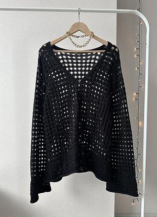 Чорний вʼязаний кардиган сітка кофта великий розмір накидка болеро