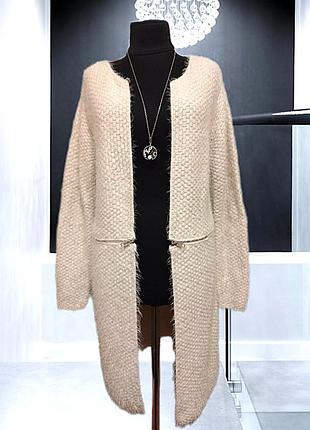 Брендовый теплый удлиненный кардиган с декоративными молниями