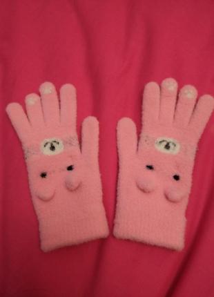 Пушистые перчатки с ушками варешки варежки рукавички