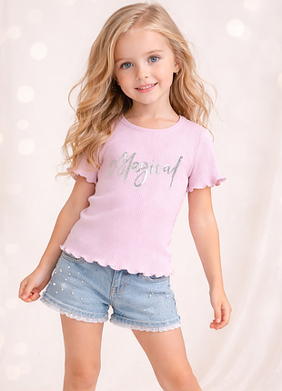 Футболка для дівчинки преміум-якість рожева паєтки рубчик туреччина розміри 98,104,110,116