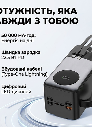 Зовнішній акумулятор (power bank) kpg kpg-502x 50000mah 22.5w з lcd дисплеєм